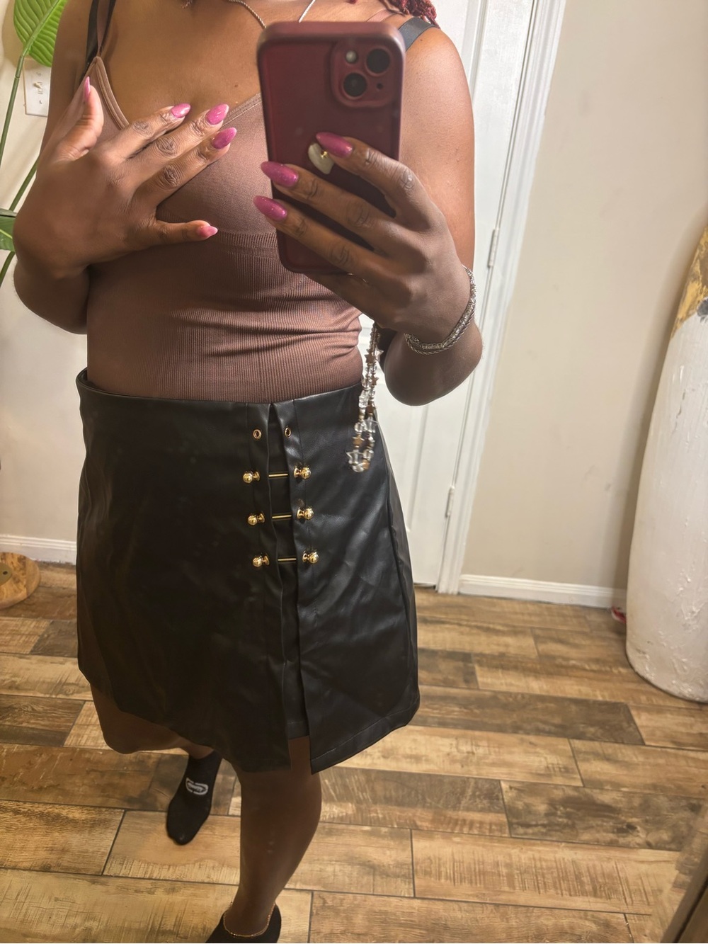 Black Faux Leather Button-Front Mini Skirt